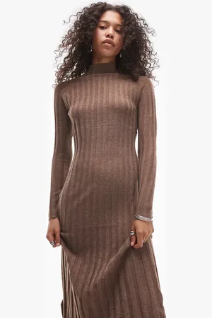 MANGO High neck long sleeve ribbed midi dress in
