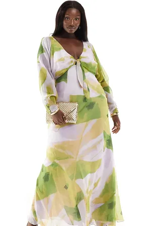 ASOS ASOS DESIGN Curve tie front plunge maxi dress in lilac and green abstract print