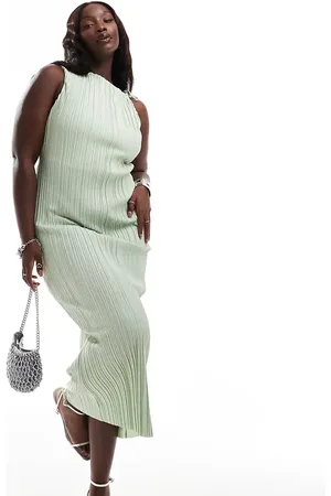 ASOS Curve plisse high neck midi dress with channelled strap detail in sage