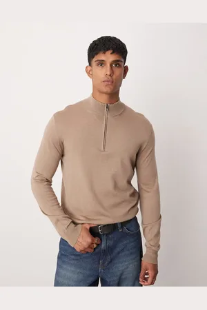 MANGO Regular fit quarter zip wool sweatshirt in beige