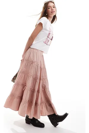 Miss Selfridge Tiered ribbon trim insert prairie maxi skirt in
