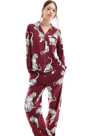 Chelsea Peers Exclusive long sleeve and trouser poly pyjama set in plum lotus tiger print