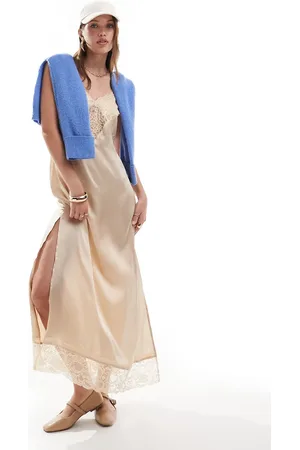Miss Selfridge Satin lace cami maxi dress in neutral