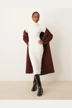 VILA Roll neck long sleeve ribbed midi dress in cream