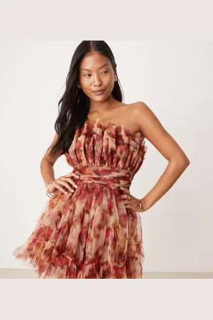 Lace & Beads Tulle bandeau bow mini dress in rose floral