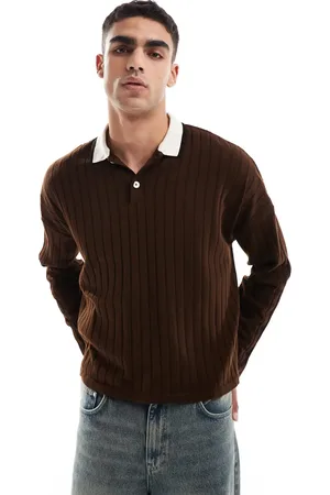 ASOS Knitted oversized boxy long sleeve polo in with contrast collar