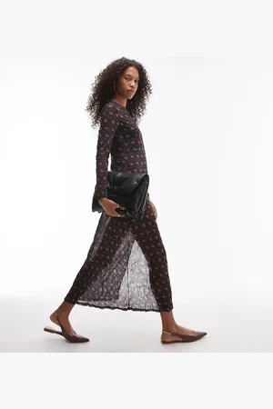 Topshop Sheer crinkle crew neck maxi dress in pink ditsy print