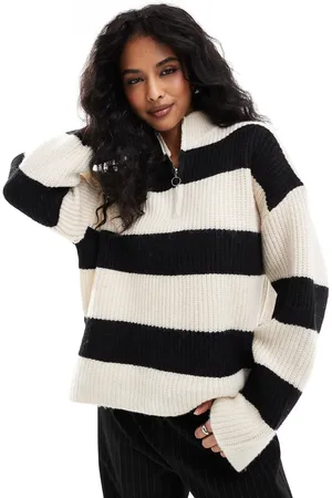 Pieces® Zip high neck jumper in wide mono stripe