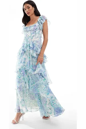 ASOS Ruffle dropped waist tiered maxi dress in blue floral print