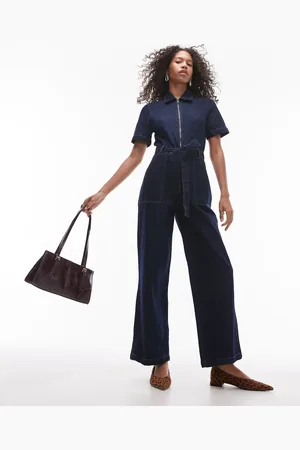 MANGO Zip down tie waist detail denim jumpsuit in dark