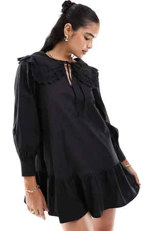Miss Selfridge Poplin broderie collar mini smock dress in