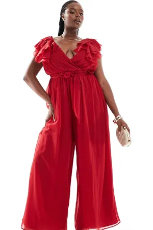 ASOS ASOS DESIGN Curve ruffle wrap front tie waist jumpsuit in red