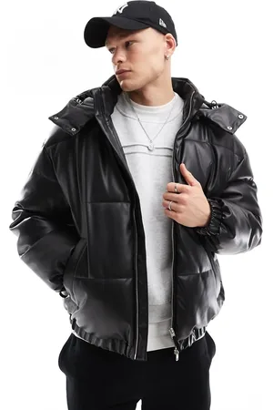 Bershka Detachable hooded faux leather puffer in