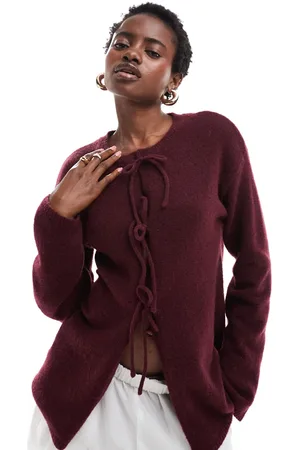 Monki Knit bow tie up cardigan in burgundy