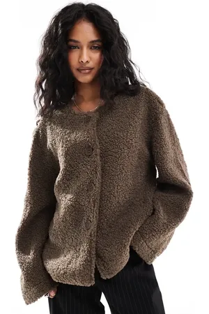 Pieces® Borg teddy button down jacket in