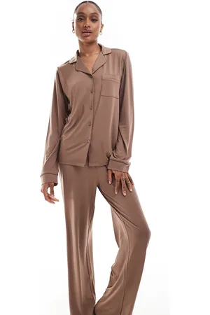 Loungeable Tall Super soft jersey revere top and wide leg pyjama set with piping detail in cappuccino
