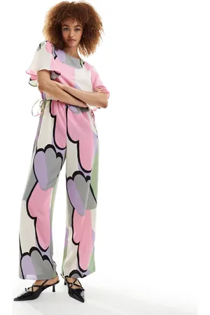 Monki Jumpsuit with tie waist detail in cloud print