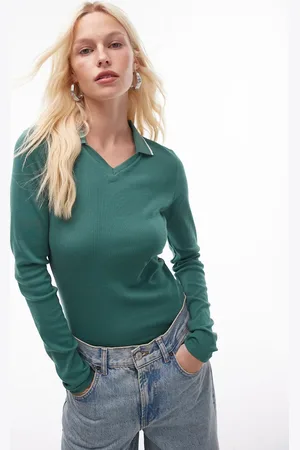 Topshop Tipped long sleeve polo top in dark