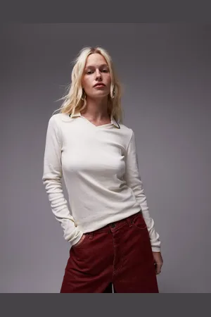 Topshop Tipped long sleeve polo top in stone