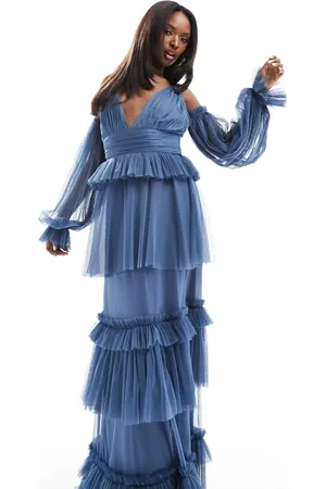 Lace & Beads Sheer sleeve tulle tiered maxi dress in