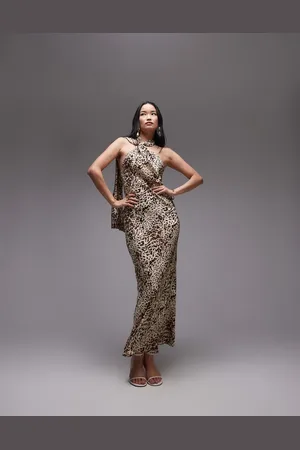 Topshop Tie neck halter maxi dress in abstract animal
