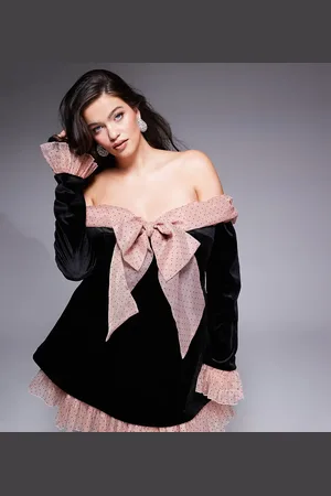 ASOS Curve velvet bardot mini dress with pleated dobby organza in