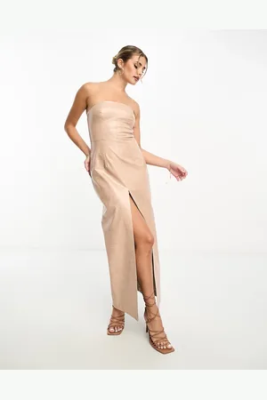 Miss Selfridge Vinyl faux leather bandeau maxi dress in taupe