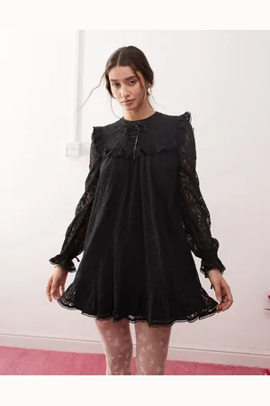 Miss Selfridge Ribbon detail lace smock dress in