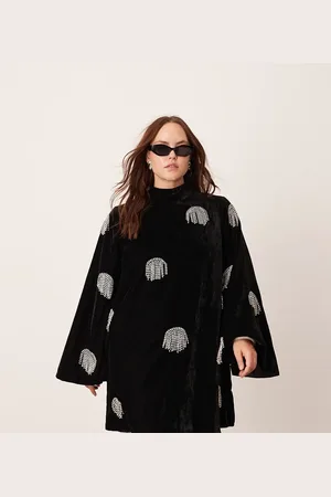 ASOS Curve embellished diamante fringe high neck velvet mini dress in