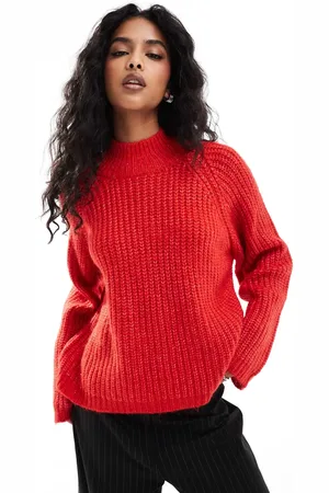 Pieces® High neck jumper with wide sleeves in bittersweet red