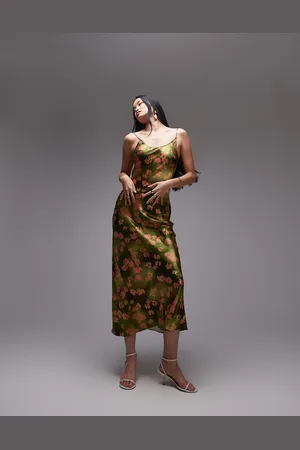 Topshop Scoop cami maxi slip dress in green and floral