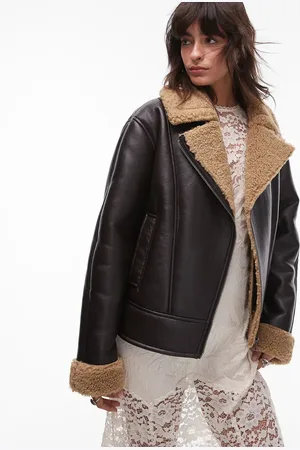 Topshop Shearling aviator jacket in and stone