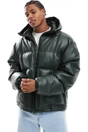 ASOS Faux leather puffer jacket with hood in