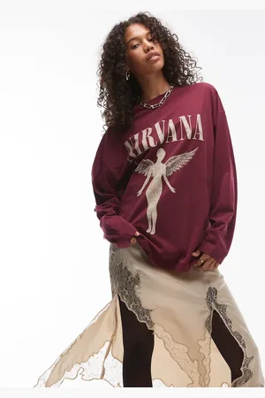 Topshop License graphic Nirvana long sleeve skater in burgundy