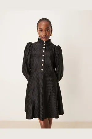 Y.A.S High neck satin mini dress with button front in