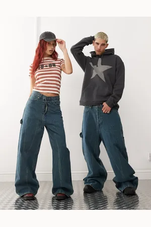 Weekday Unisex Bash loose fit wide leg carpenter jeans in petrol
