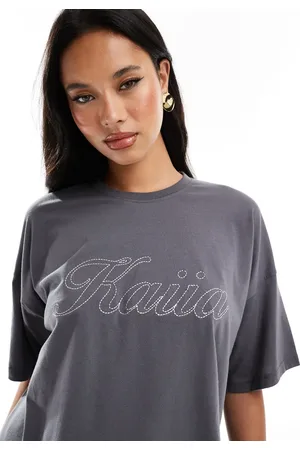 Kaiia Oversized embroidered logo t-shirt co-ord in charcoal