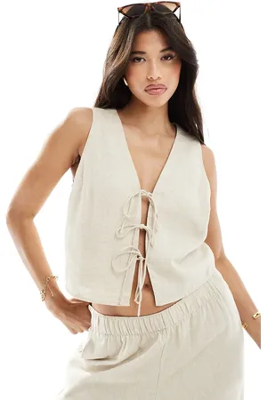 Abercrombie & Fitch Tie front linen blend top in beige co-ord