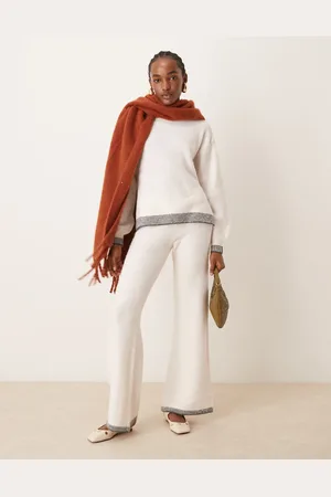 VILA Knitted wide leg trouser co-ord with contrast stitch in cream
