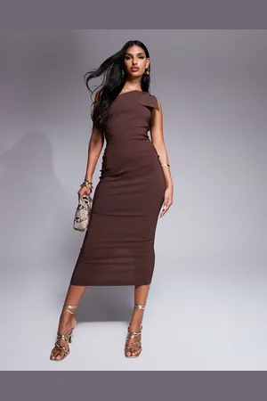 Vesper One shoulder bow detail midi dress in chocolate