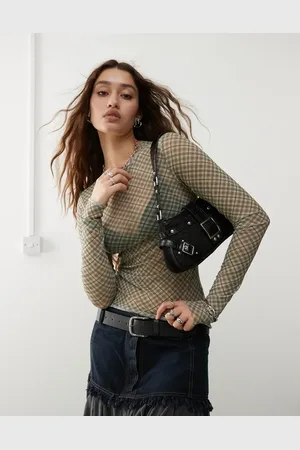Weekday Nico long sleeve mesh top in beige check print