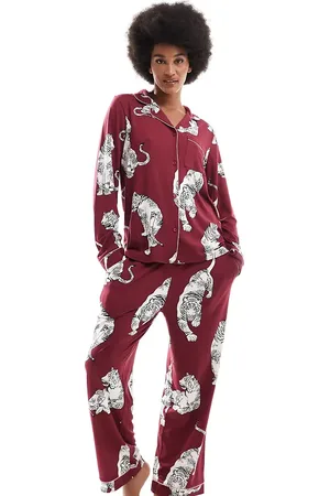 Chelsea Peers Chelsea Peers Exclusive Tall long sleeve and trouser poly pyjama set in plum lotus tiger print