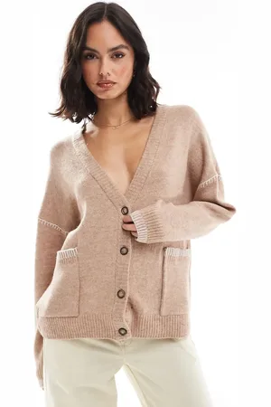 Brave Soul Longline cardigan in beige with contrast stitch detail