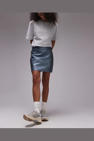 Topshop Faux leather panelled seam pelmet skirt in metallic airforce