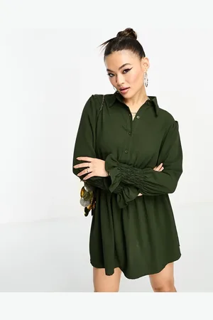 Ax Paris Mini shirt dress with shirred waist in olive