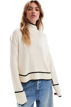 Brave Soul High neck cropped jumper with piping hem detail in cream