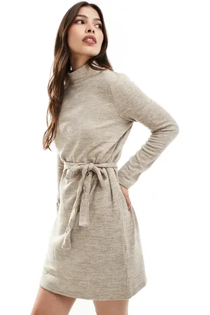 VERO MODA High neck knitted mini dress with tie waist in beige melange