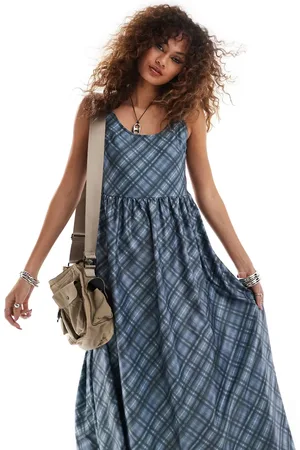 Daisy Street Scoop neck smock dress in blue check