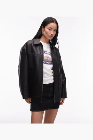 Topshop Faux leather zip through 80s jacket with patch pockets in