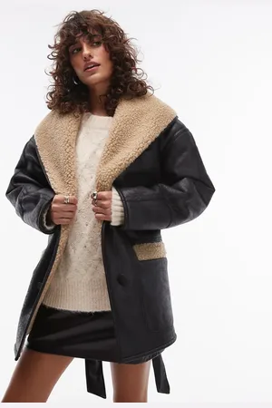 Topshop Belted faux leather shearling jacket in and cream